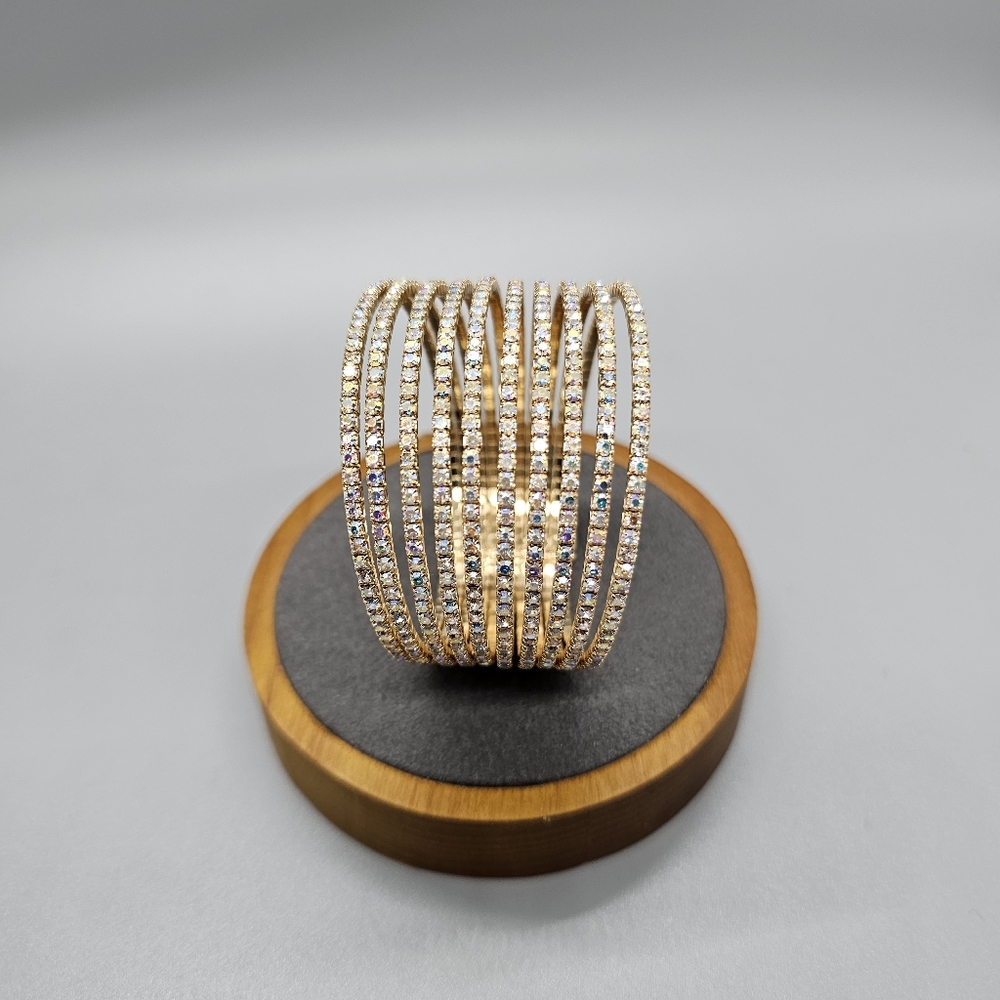 Macy's Gold Plated Multi Aurora Borealis Crystal Open Cuff Bangle